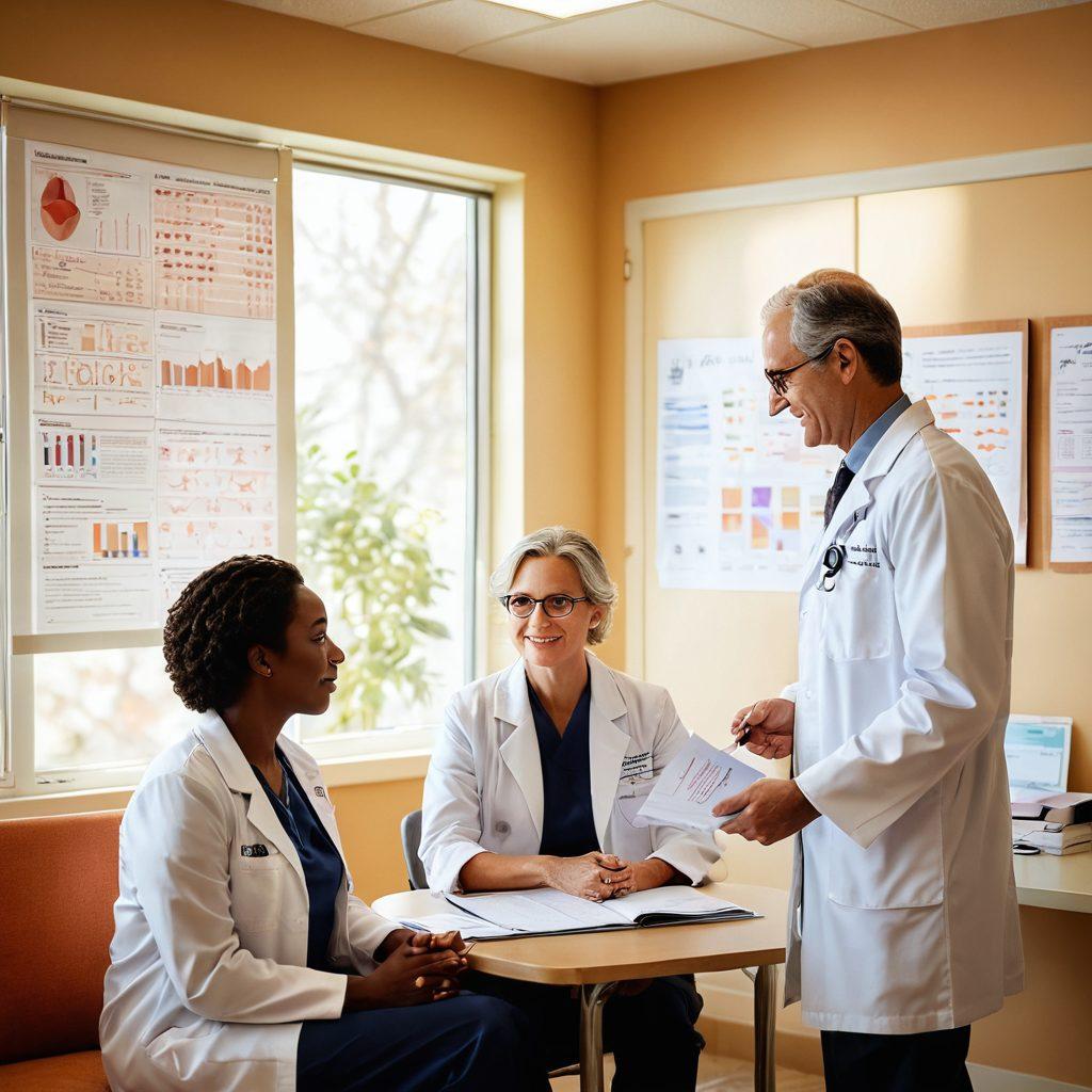 A compassionate oncologist engaging with a patient in a warm, inviting consultation room, surrounded by medical charts and advocacy materials. Soft sunlight filters through a window, symbolizing hope and healing. The oncologist is holding a brochure while the patient looks relieved and engaged, depicting trust and support in their interaction. super-realistic. warm colors. bright background.