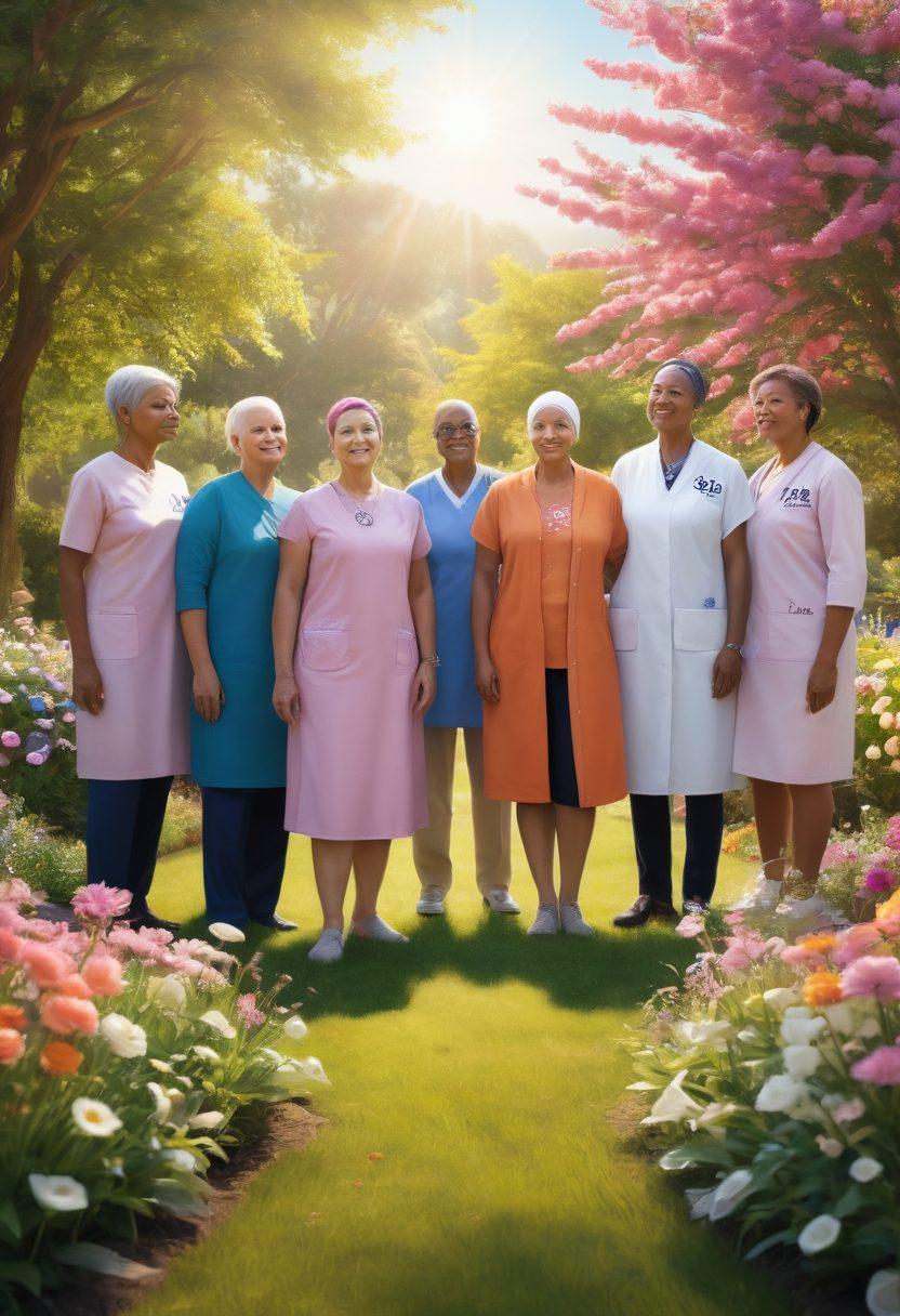 A powerful and uplifting scene depicting a diverse group of cancer survivors, each showcasing their unique journeys and strength, standing together in a sunlit garden symbolizing hope and recovery. In the background, medical symbols intertwined with flowers represent the oncology field and patient advocacy. The atmosphere should be vibrant and inspiring, capturing both resilience and community support. super-realistic. vibrant colors. uplifting.