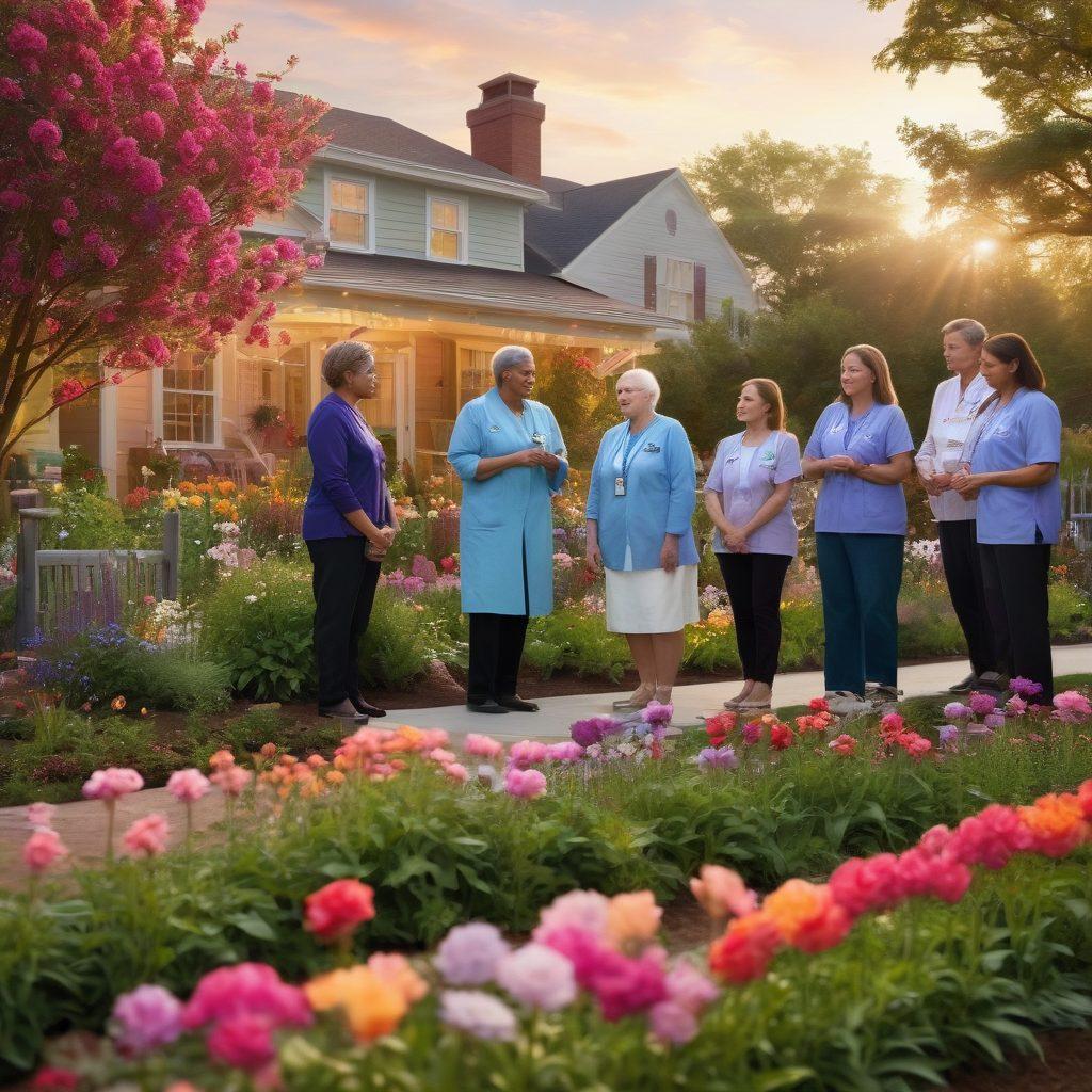 A serene landscape depicting a diverse group of cancer survivors gathered around a vibrant community garden, showcasing hopeful expressions and unity. Include symbols of awareness like ribbons in various colors among blooming flowers. In the background, an oncology clinic with welcoming architecture emphasizes support and care. super-realistic. vibrant colors. soft lighting.